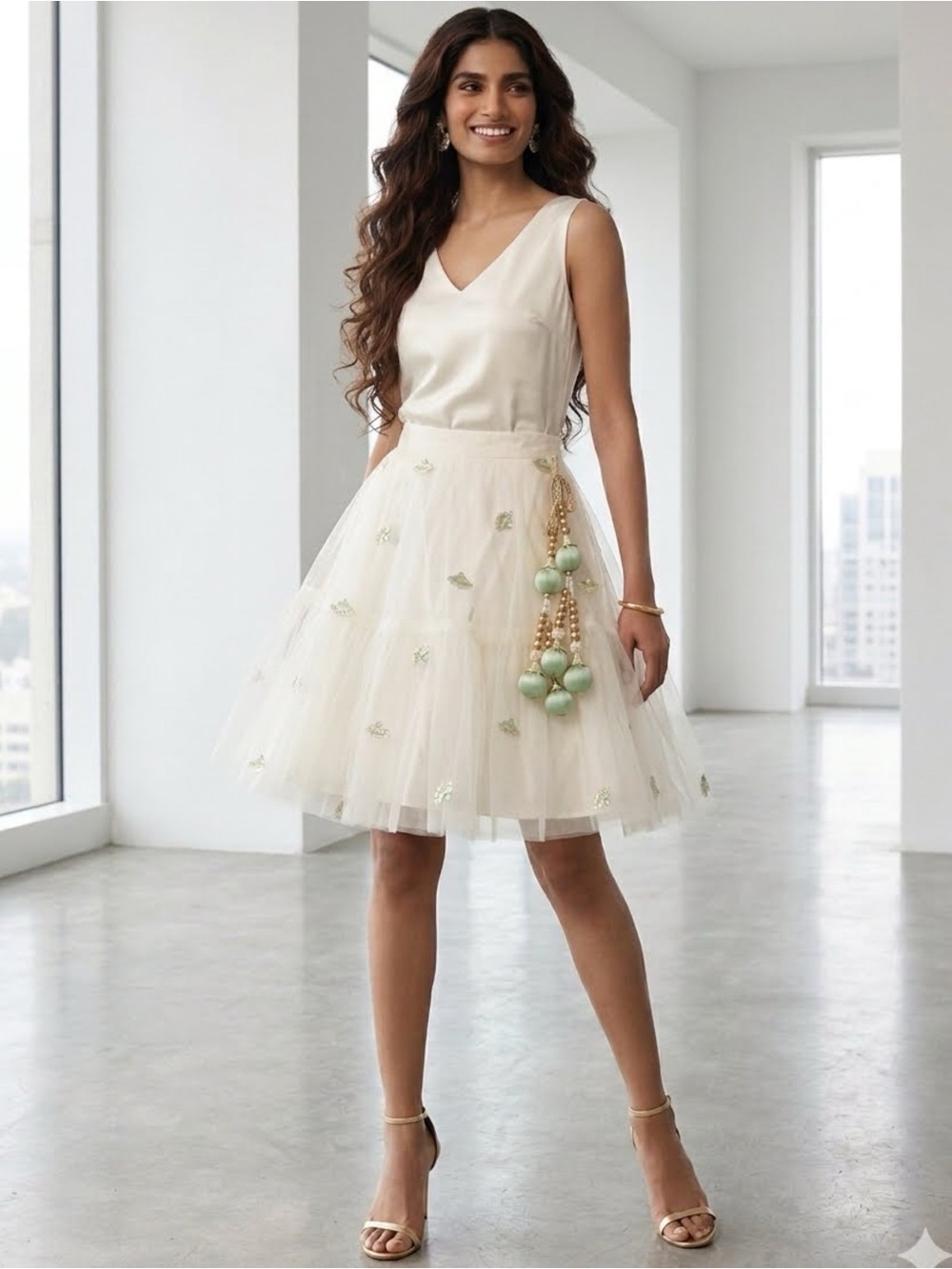 Ethereal Cream Tulle Tassel Mini Skirt Fairycore Embroidered Tiered Whimsical 24